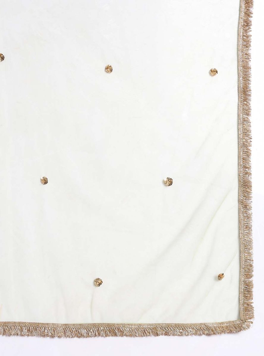 Sage Green V - neckline Straight Kurta Set with Sequin Yoke Embroidery & Net Dupatta - Mahukaa