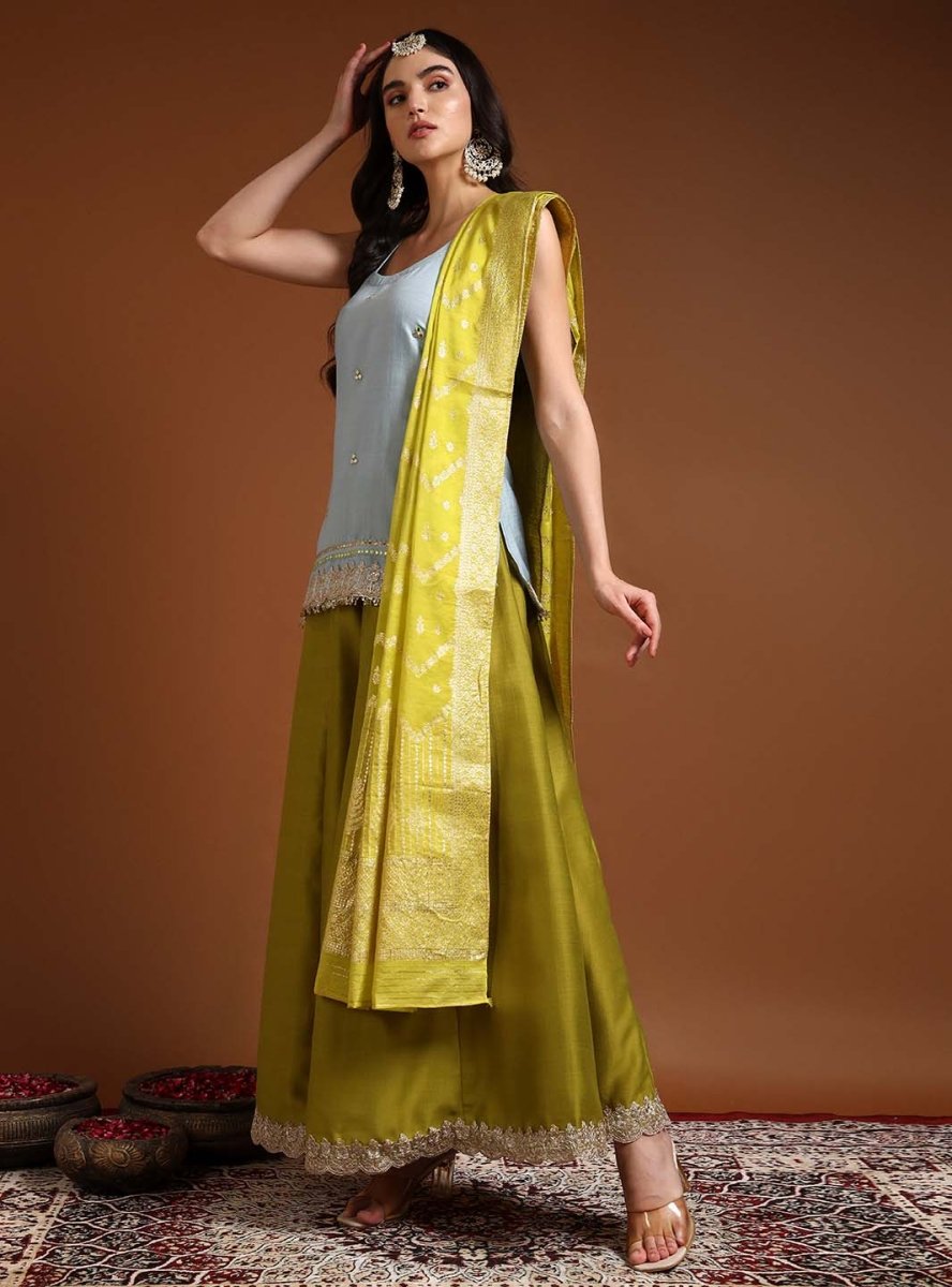 Sky Blue Round Neck Straight Sleeveless Kurta & Sharara Set with Lace Embroidery & Dupatta - Mahukaa