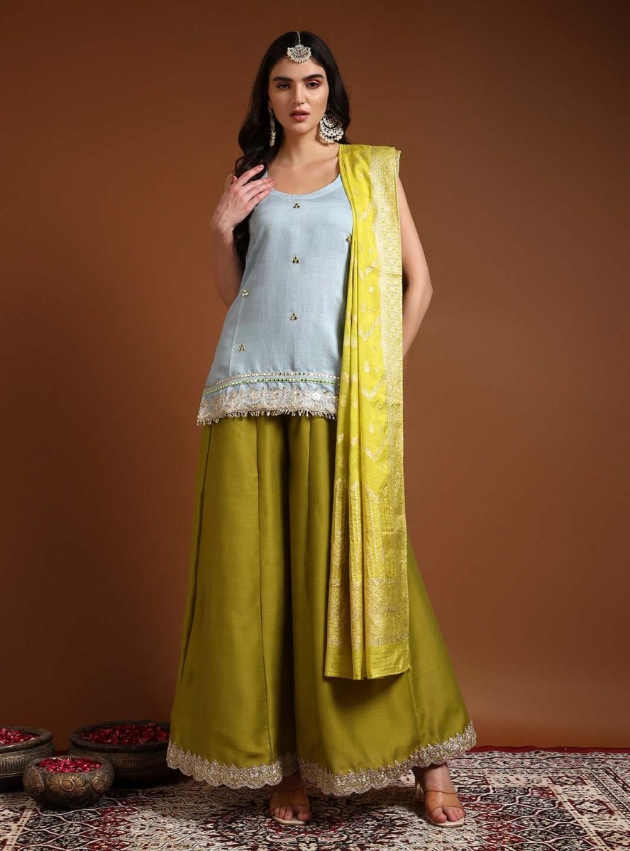 Sky Blue Round Neck Straight Sleeveless Kurta & Sharara Set with Lace Embroidery & Dupatta - Mahukaa