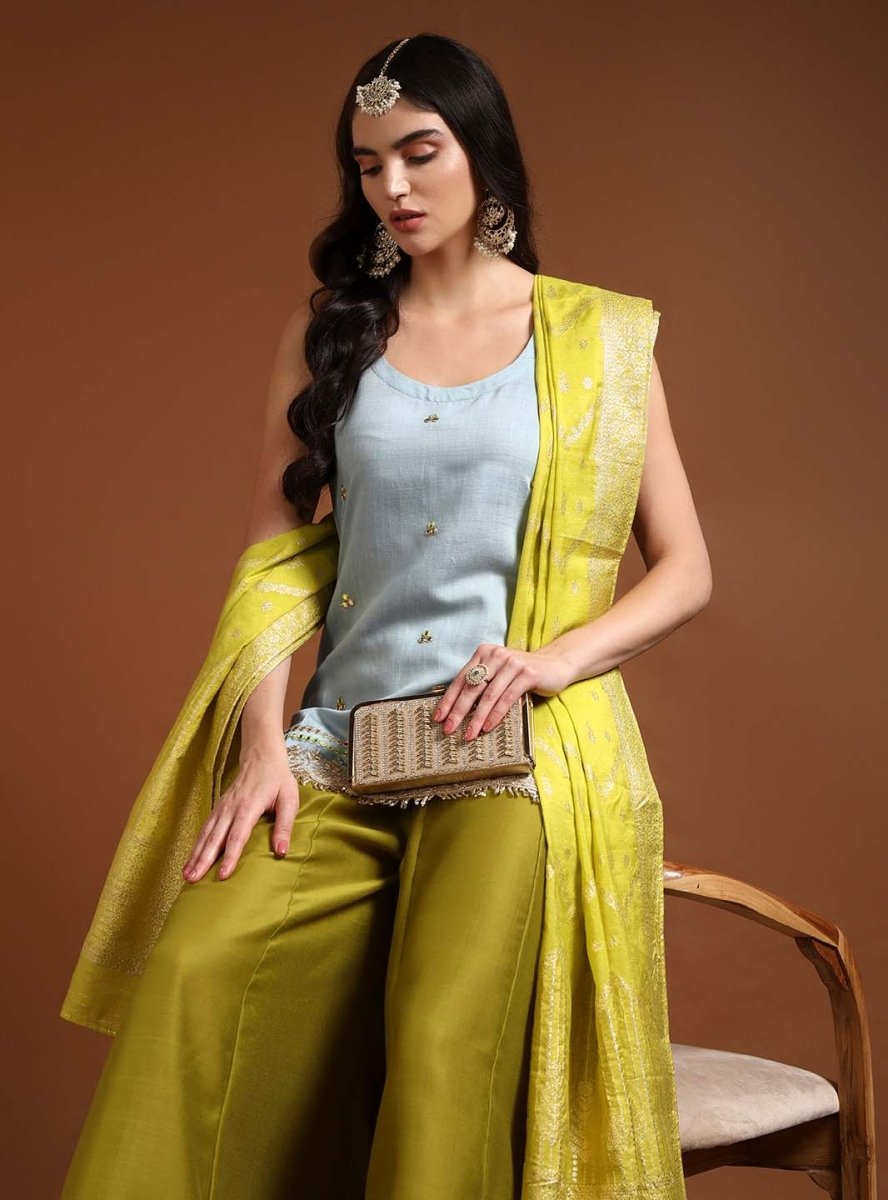Sky Blue Round Neck Straight Sleeveless Kurta & Sharara Set with Lace Embroidery & Dupatta - Mahukaa