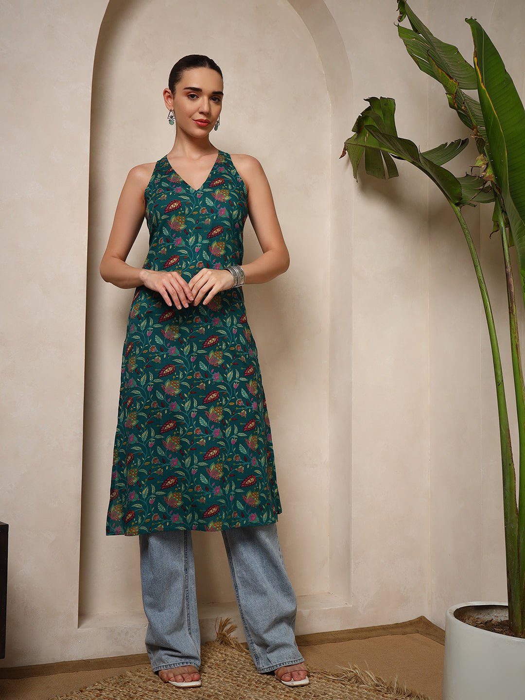 Teal Floral V - Neck Halter Neck Straight Kurta with Screen Print - Mahukaa