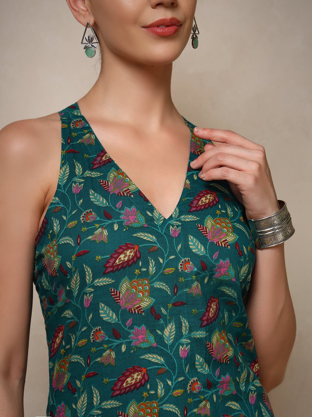 Teal Floral V - Neck Halter Neck Straight Kurta with Screen Print - Mahukaa