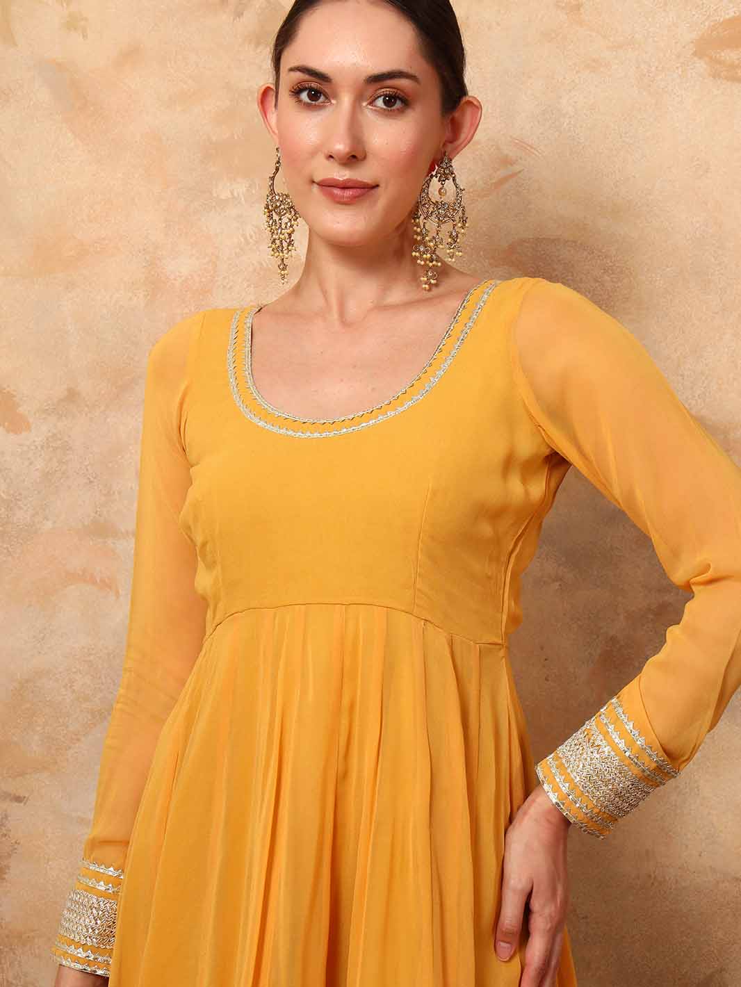 Vibrant Yellow Georgette Anarkali Set with Gota Lace and Dupatta - Mahukaa