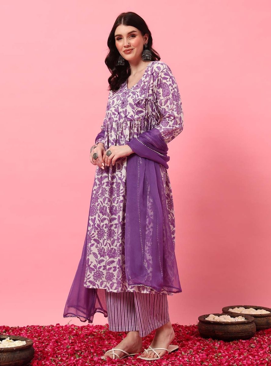 White Floral Angrakha Anarkali Kurta Set with Round V - Neck - Mahukaa