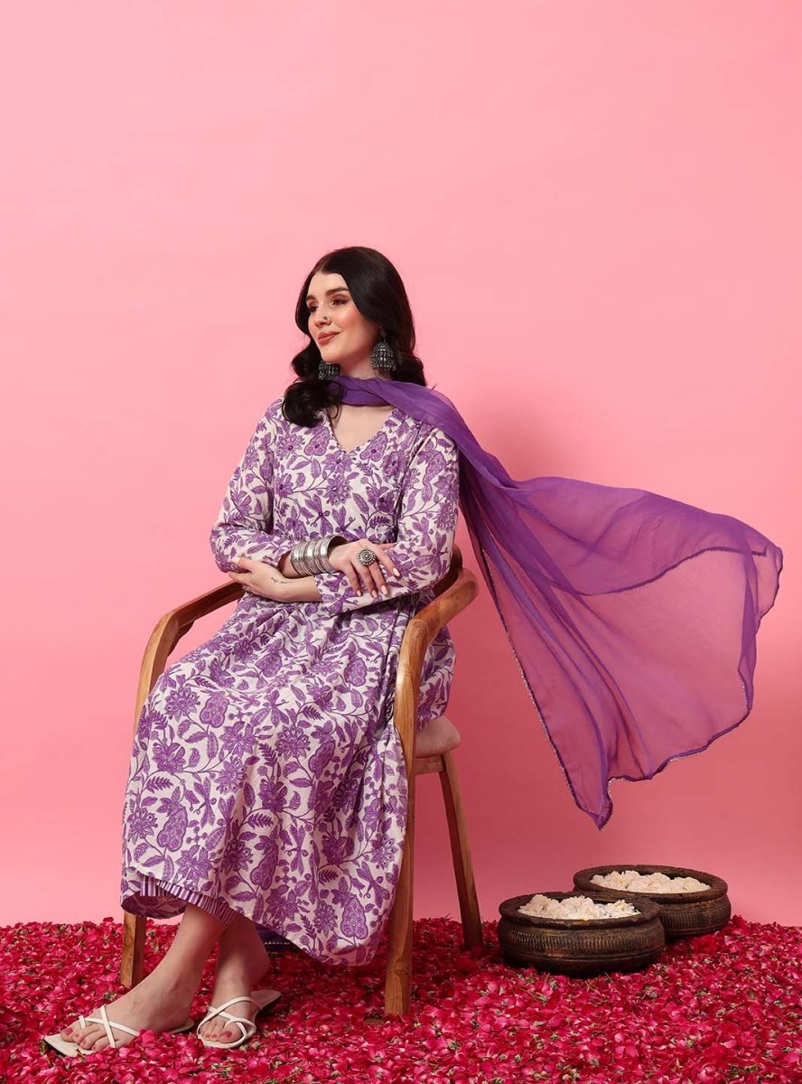 White Floral Angrakha Anarkali Kurta Set with Round V - Neck - Mahukaa