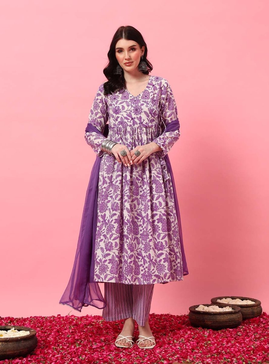 White Floral Angrakha Anarkali Kurta Set with Round V - Neck - Mahukaa