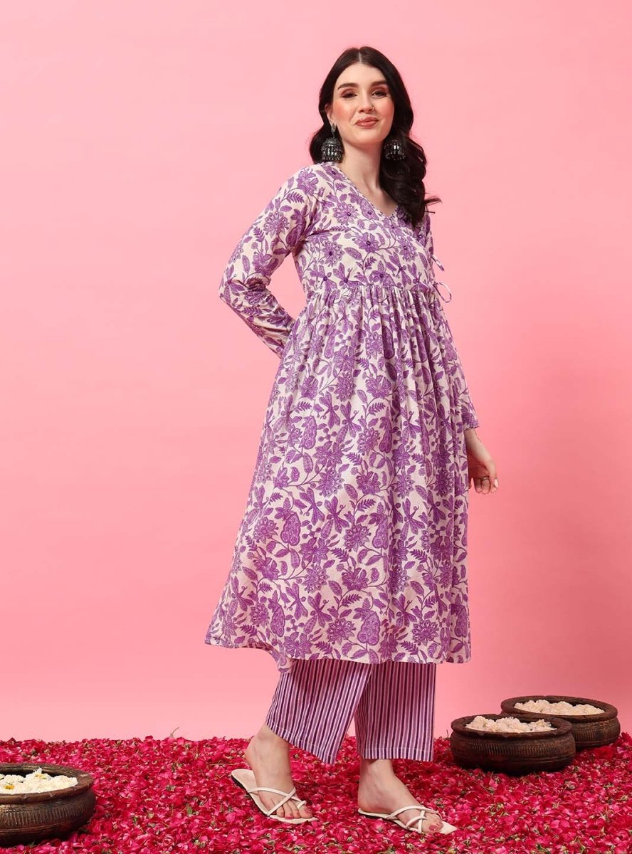 White Floral Angrakha Anarkali Kurta Set with Round V - Neck - Mahukaa