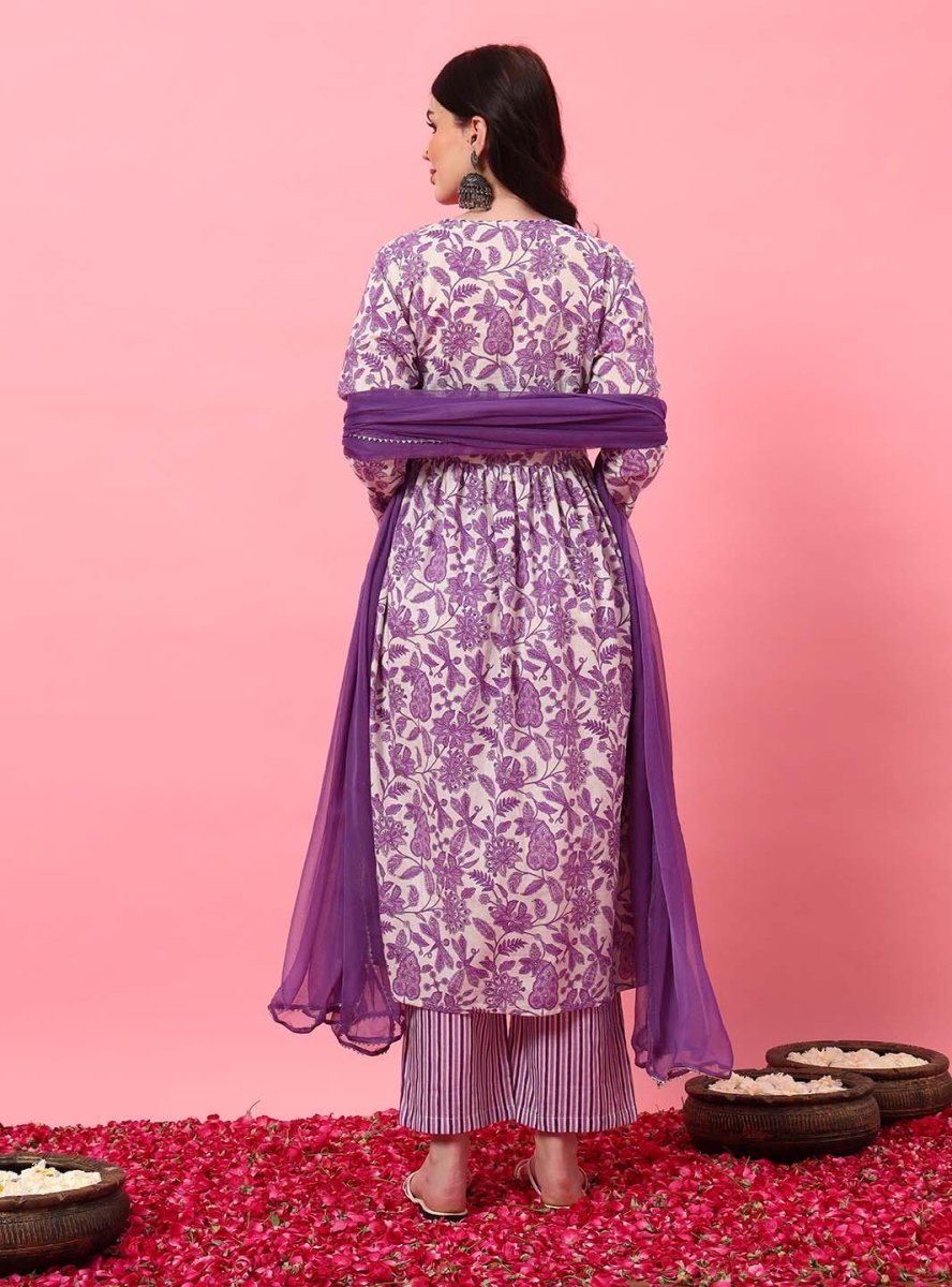 White Floral Angrakha Anarkali Kurta Set with Round V - Neck - Mahukaa