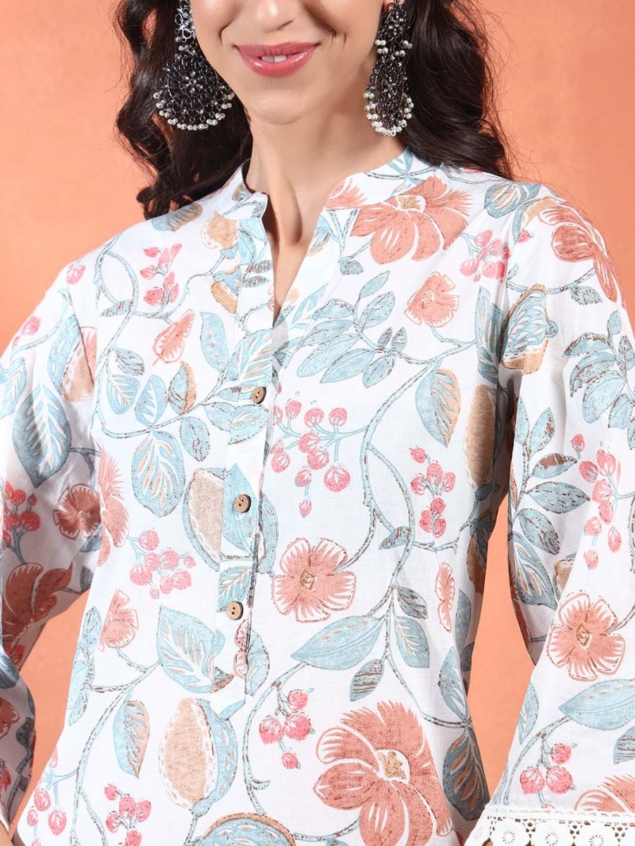 White Floral Printed A - Line Kurta Set with Mandarin Collar - Mahukaa