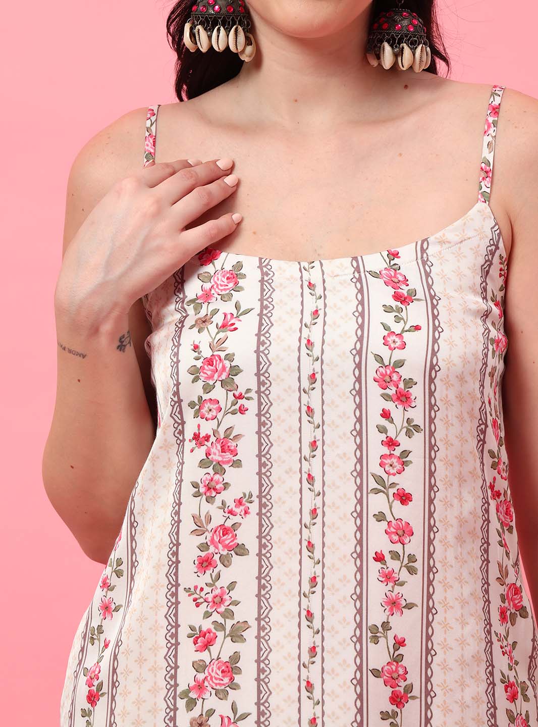 White Floral Spaghetti Strap Straight Kurta Set with Digital Print - Mahukaa