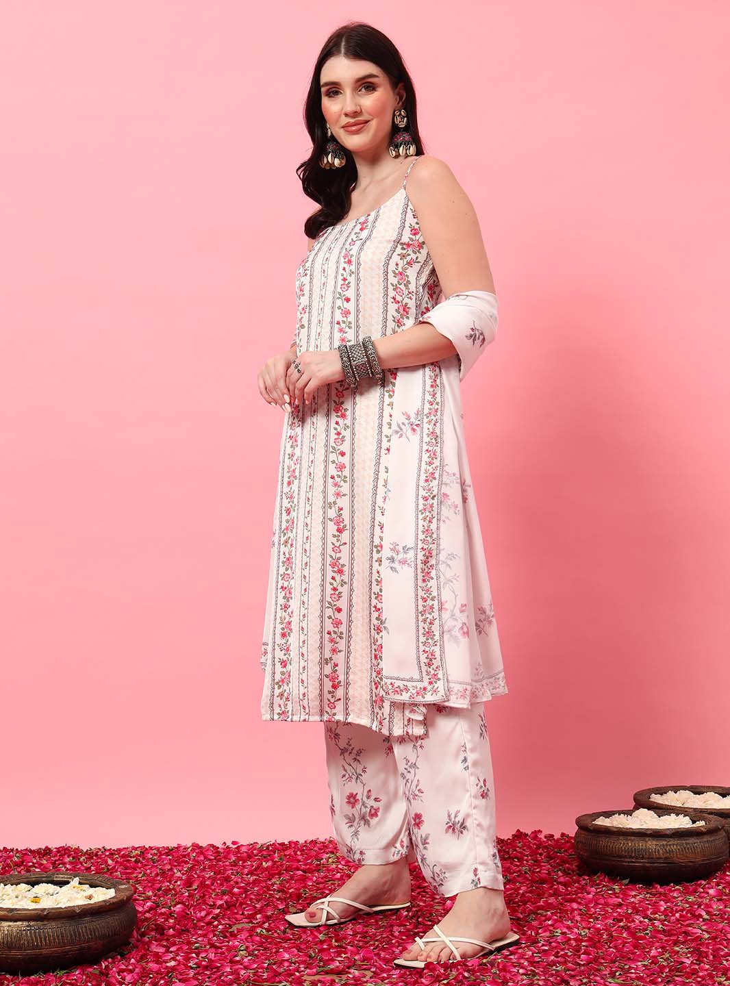White Floral Spaghetti Strap Straight Kurta Set with Digital Print - Mahukaa
