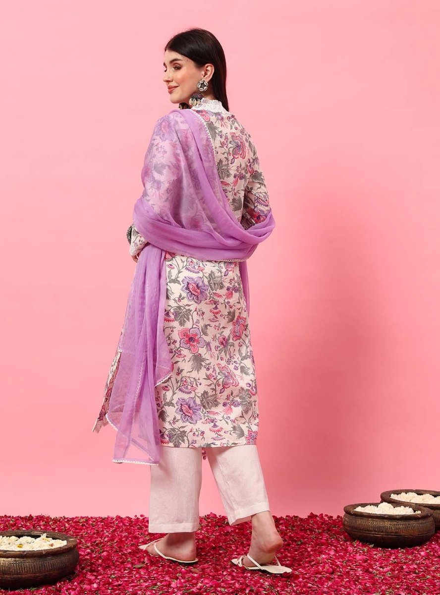 White Floral Straight Kurta Set with V - Neck and Screen Print - Mahukaa