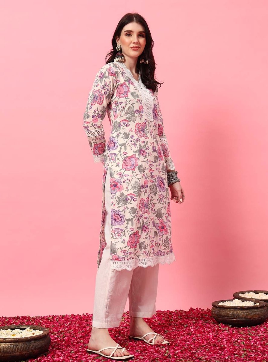 White Floral Straight Kurta Set with V - Neck and Screen Print - Mahukaa