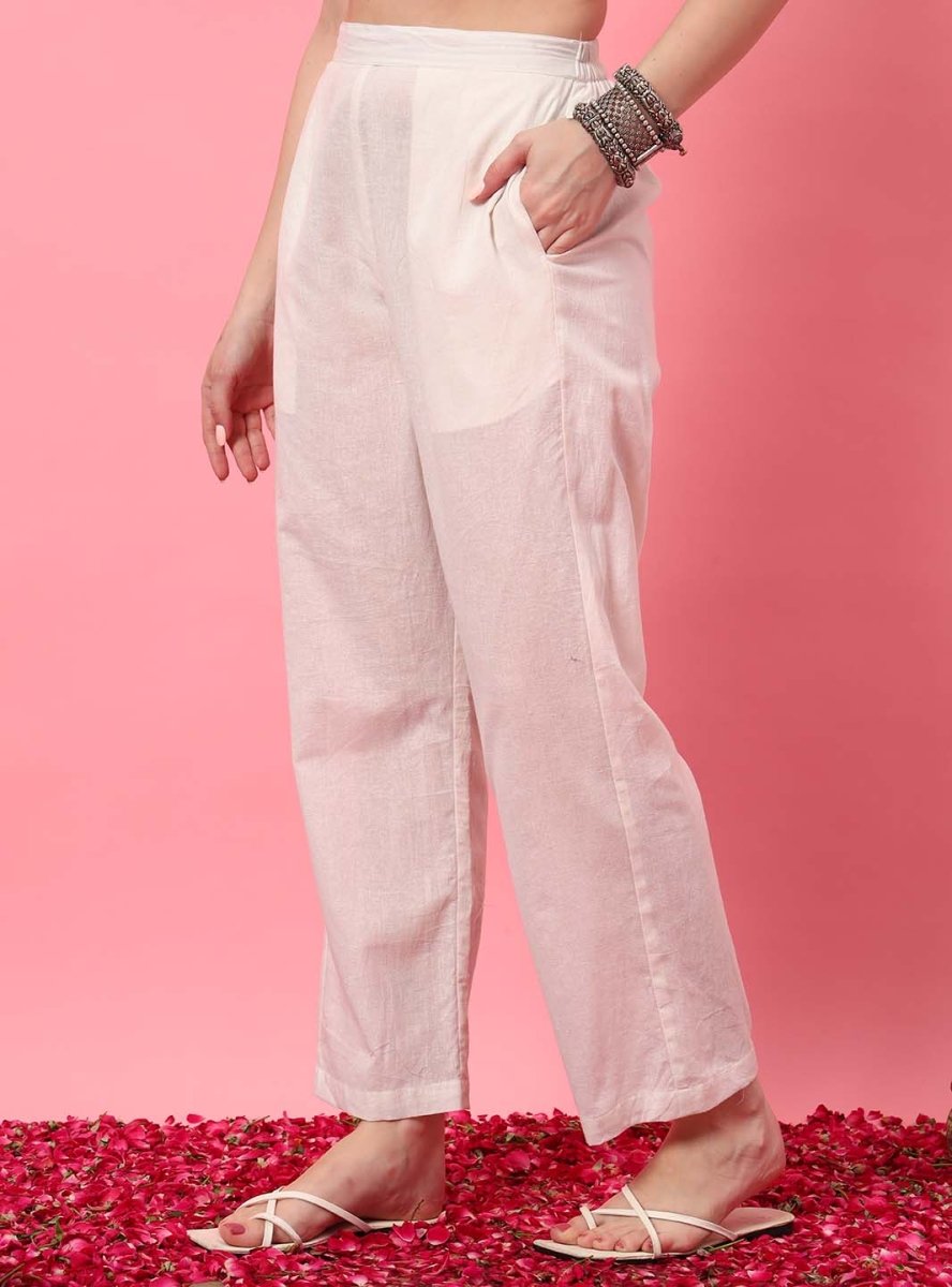 White Floral Straight Kurta Set with V - Neck and Screen Print - Mahukaa