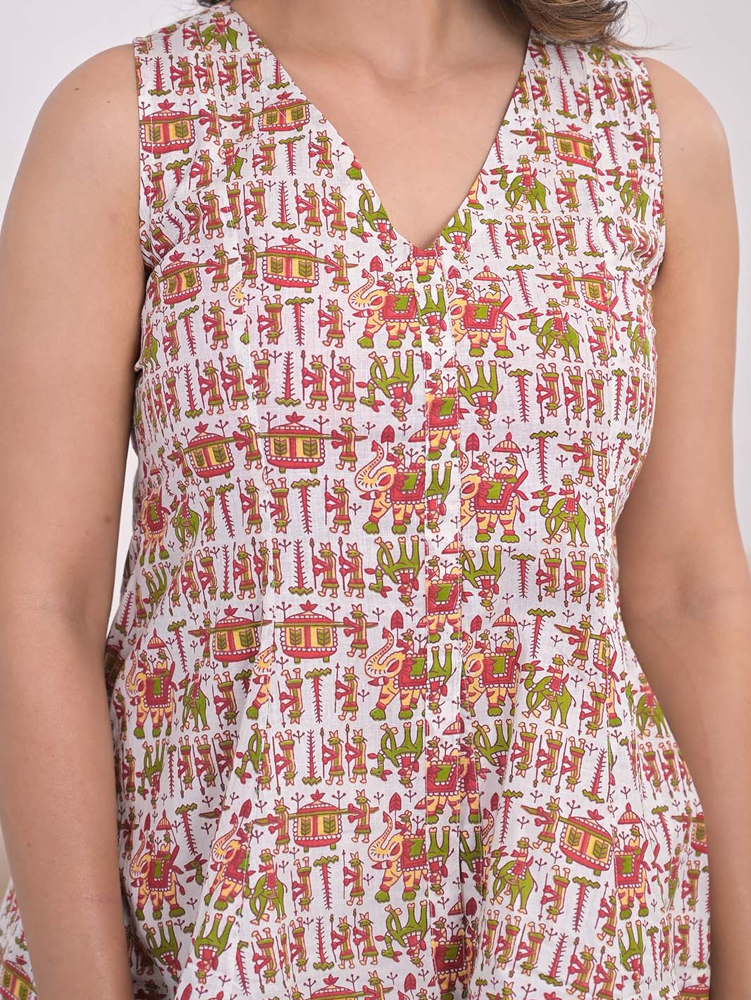 White Sanganeri Cotton Printed Top with Plain Linen Pants - Mahukaa