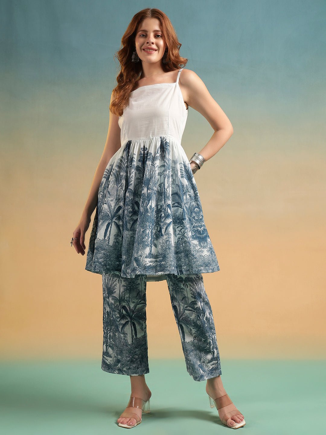 White Tropical Printed A - Line Co - ord Set with Spaghetti Straps - Mahukaa