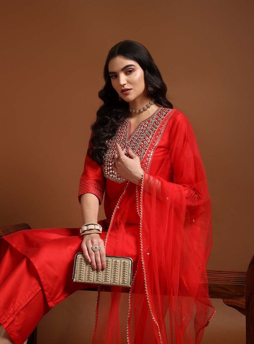 Women Red Mirror & Zari Work Kurta Set With Dupatta - Mahukaa