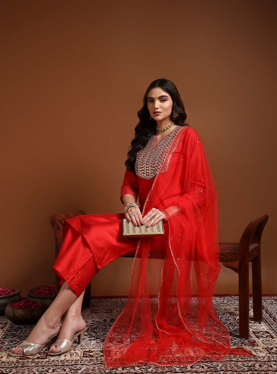 Women Red Mirror & Zari Work Kurta Set With Dupatta - Mahukaa