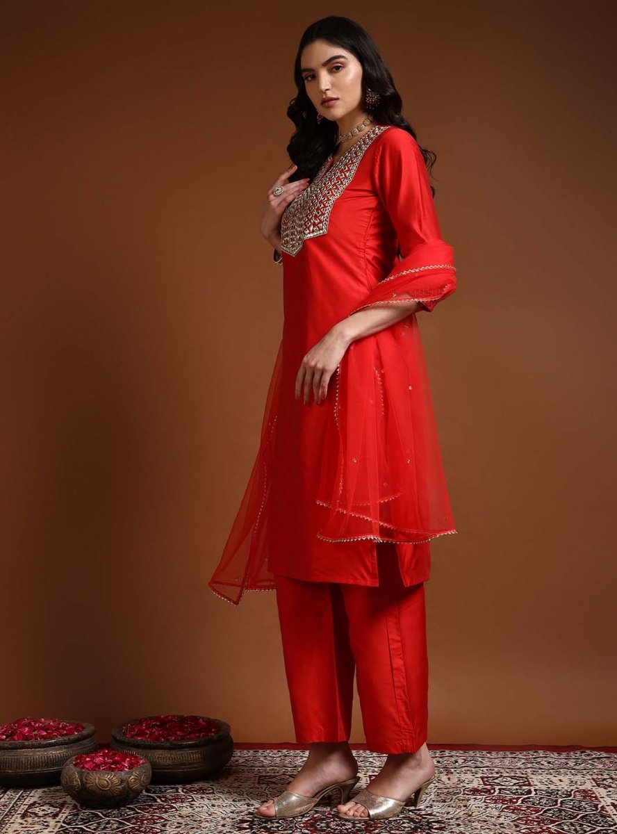 Women Red Mirror & Zari Work Kurta Set With Dupatta - Mahukaa