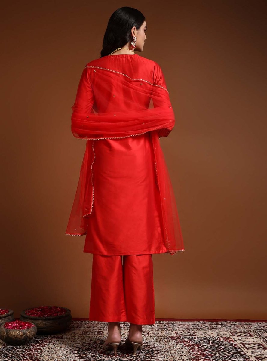 Women Red Mirror & Zari Work Kurta Set With Dupatta - Mahukaa