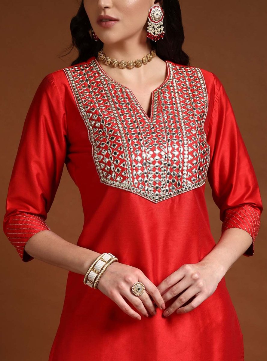 Women Red Mirror & Zari Work Kurta Set With Dupatta - Mahukaa