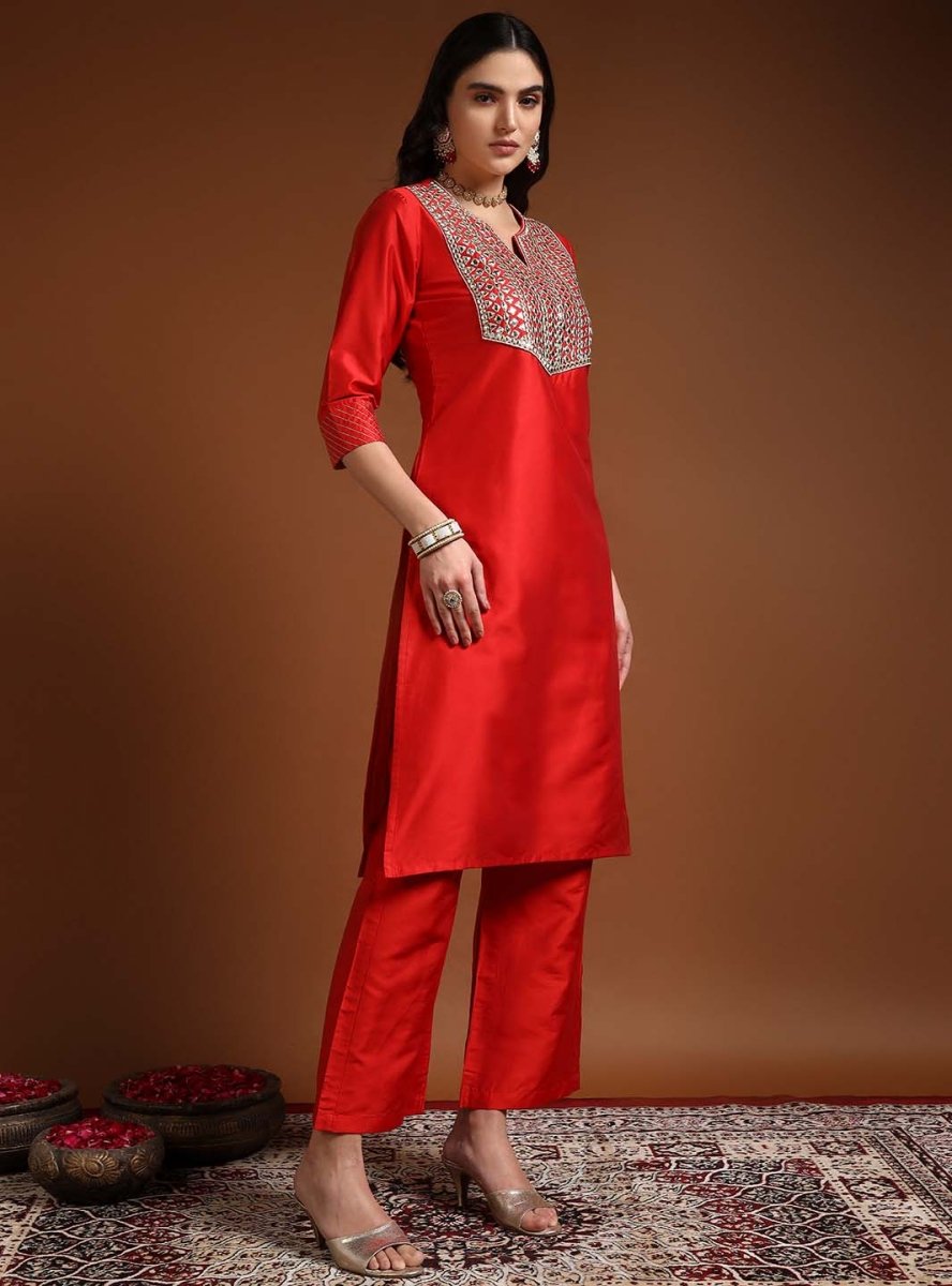 Women Red Mirror & Zari Work Kurta Set With Dupatta - Mahukaa