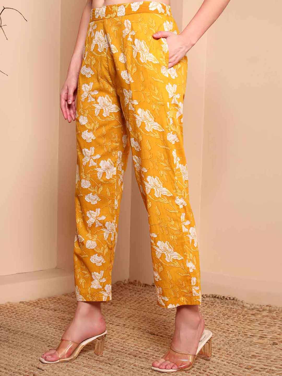 Yellow Pure Cotton Floral Co - ord Set with Shirt Collar - Mahukaa