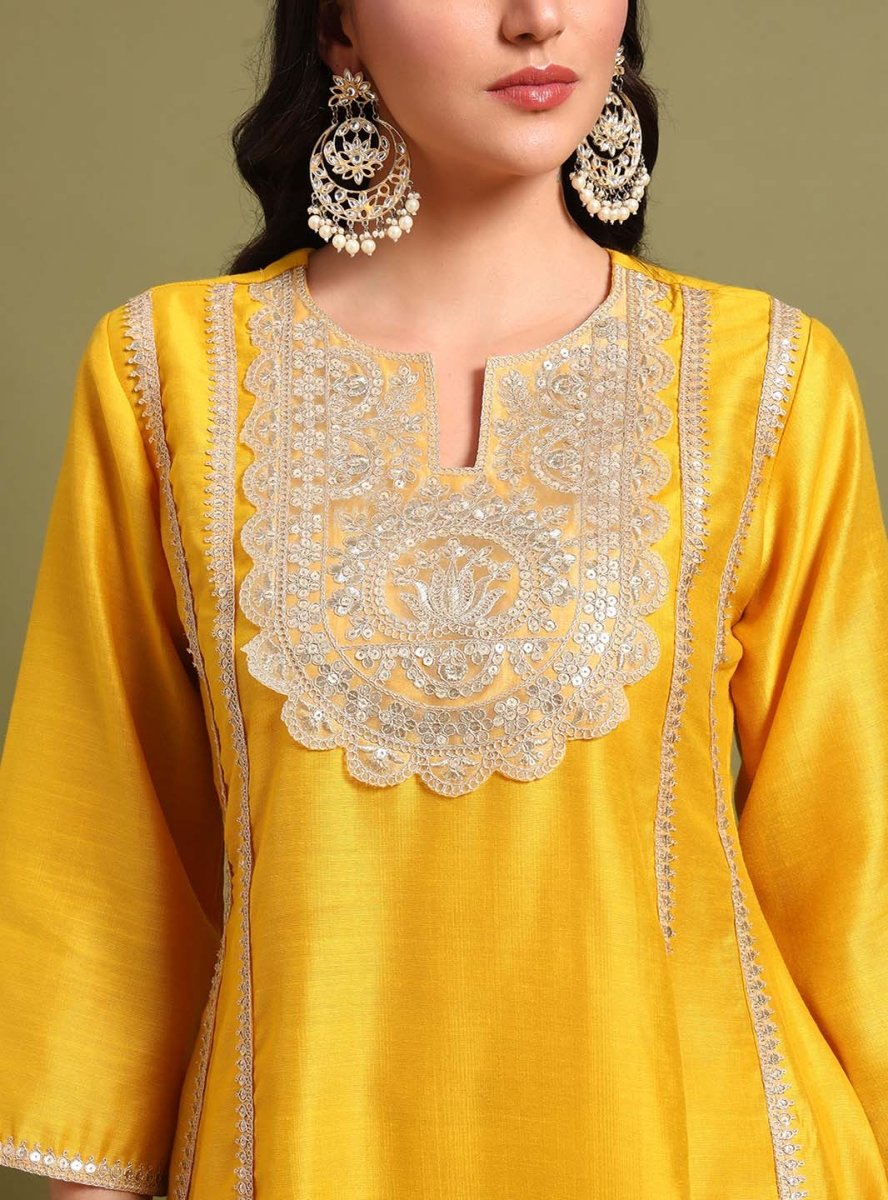 Yellow Round V - neckline Anarkali Set with Sequin Yoke Embroidery & Duppatta - Mahukaa
