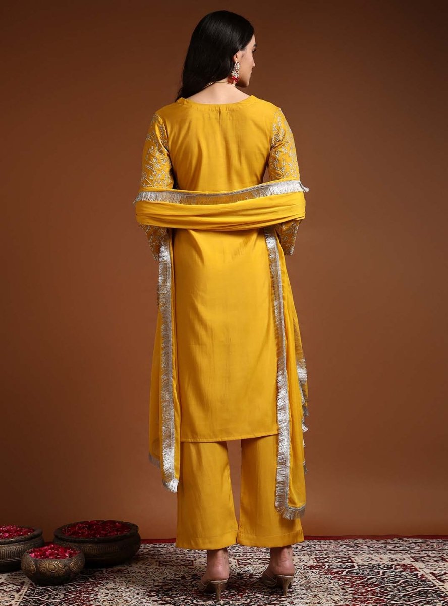 Yellow Square V - Neck Zari Embroidered Kurta Set with Dupatta - Mahukaa