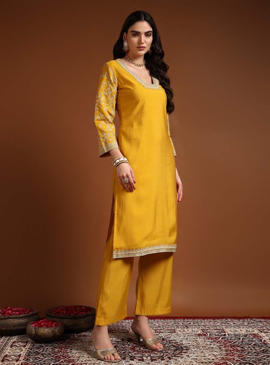 Yellow Square V - Neck Zari Embroidered Kurta Set with Dupatta - Mahukaa