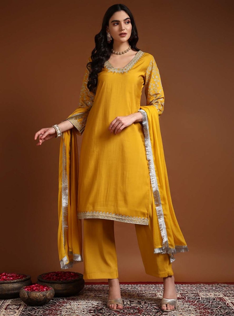 Yellow Square V - Neck Zari Embroidered Kurta Set with Dupatta - Mahukaa