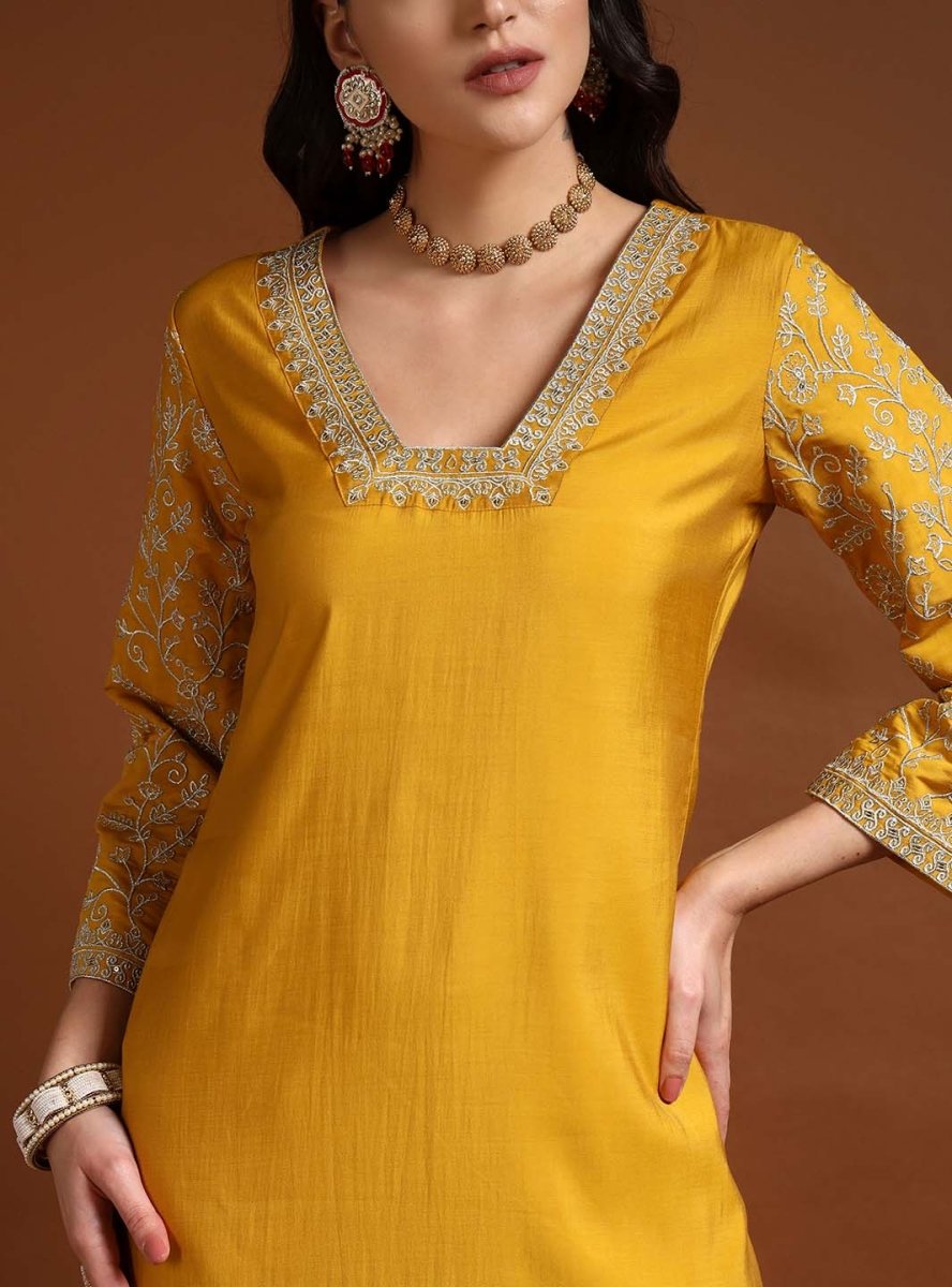 Yellow Square V - Neck Zari Embroidered Kurta Set with Dupatta - Mahukaa