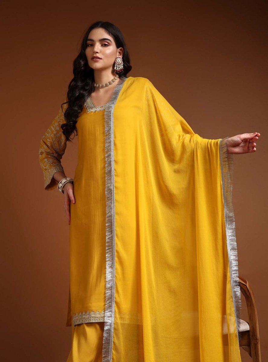 Yellow Square V - Neck Zari Embroidered Kurta Set with Dupatta - Mahukaa